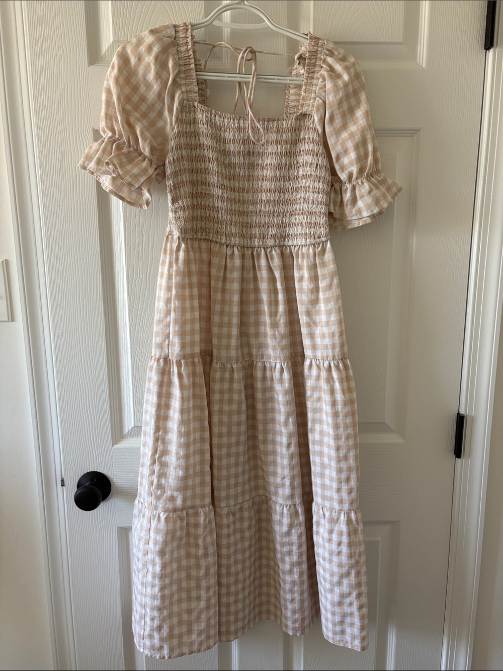 Women’s Midi Gingham Smocked Dress in Beige